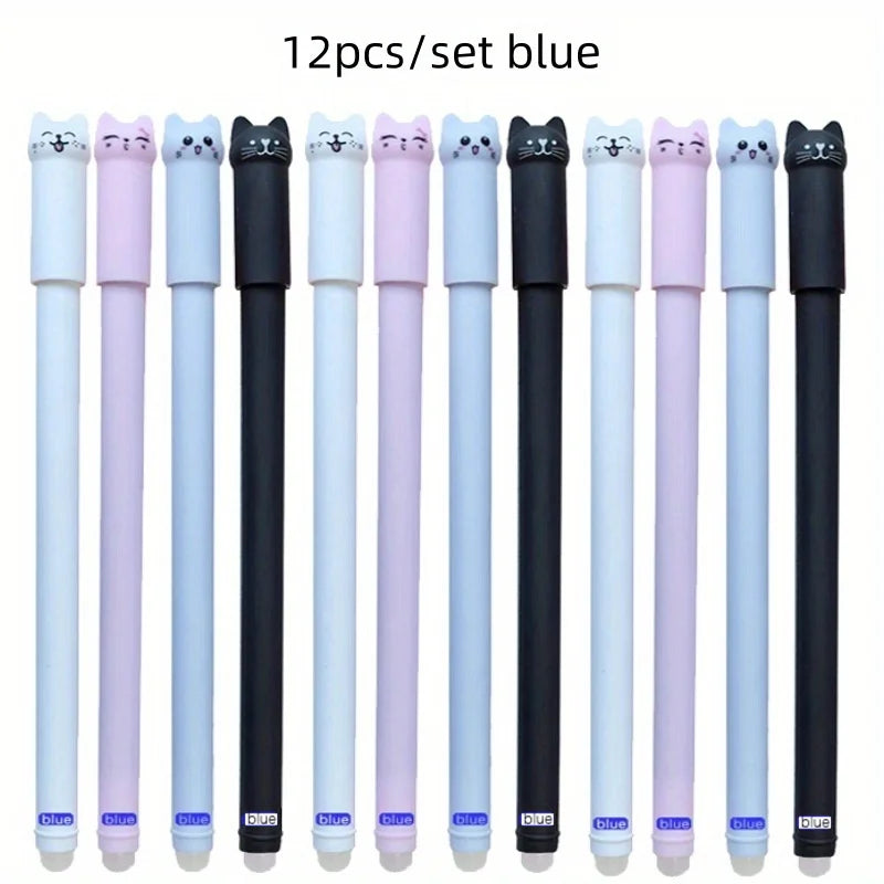 4/8/12pcs Creative Cat Erasable Gel Pens Set 0.5mm Washable Handle Magical Blue/Black Ink Erasable Refills Rod Writing Stationer Beauty World Shop