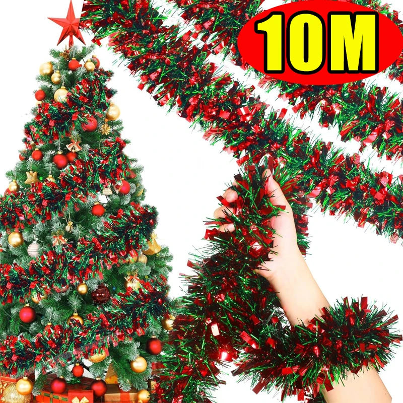 Christmas Tinsel Garlands Decoration Bar Tops 2/10M Red Green Wreath Xmas Tree Ornaments Party Home Staircase Decor Pendant Prop Beauty World Shop
