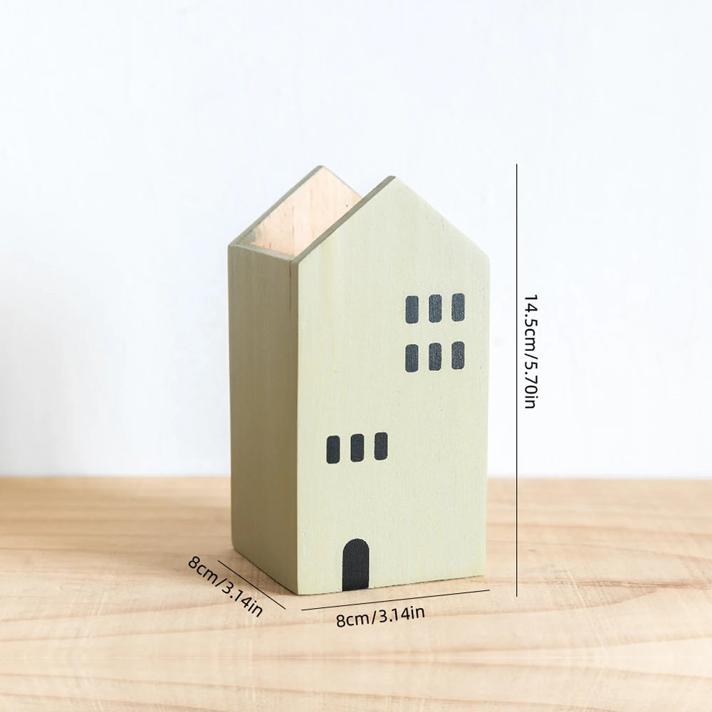 Cartoon House Wooden Pen Holder Pencil container Makeup Brush Stationery storage box Student/ Office Desktop Storage Organiser Beauty World Shop