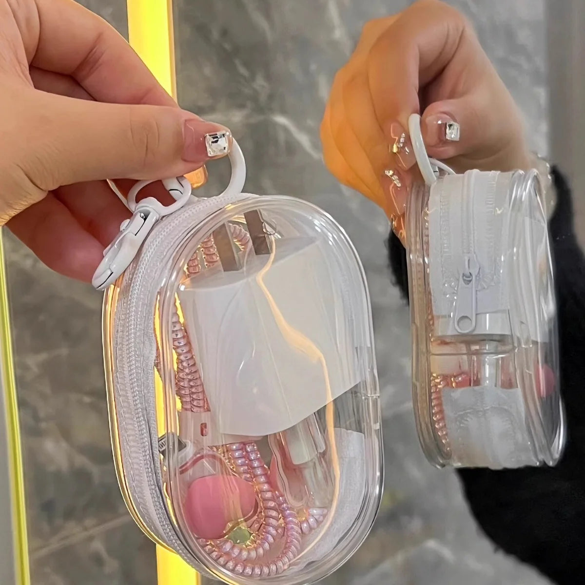 Portable Mini Clear Zipper Storage Bag - Space-Saving Organizer for Earphones & Chargers, Versatile with Handy Keychain Loop Beauty Fashion