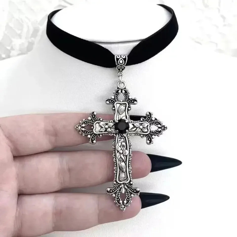 A Classic Gothic Large Cross Shaped Black Velvet Necklace Prepared for Her, Gorgeous Cross Shaped Black Velvet Necklace Beauty Trend Shop