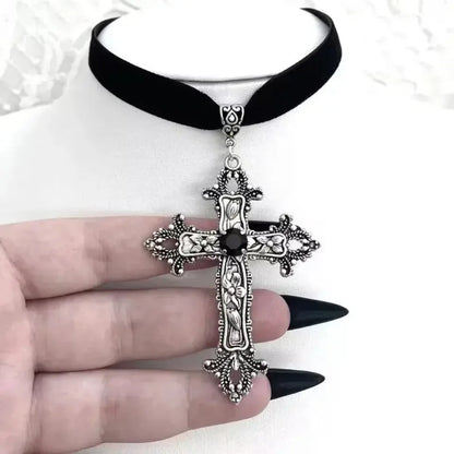 A Classic Gothic Large Cross Shaped Black Velvet Necklace Prepared for Her, Gorgeous Cross Shaped Black Velvet Necklace Beauty Trend Shop