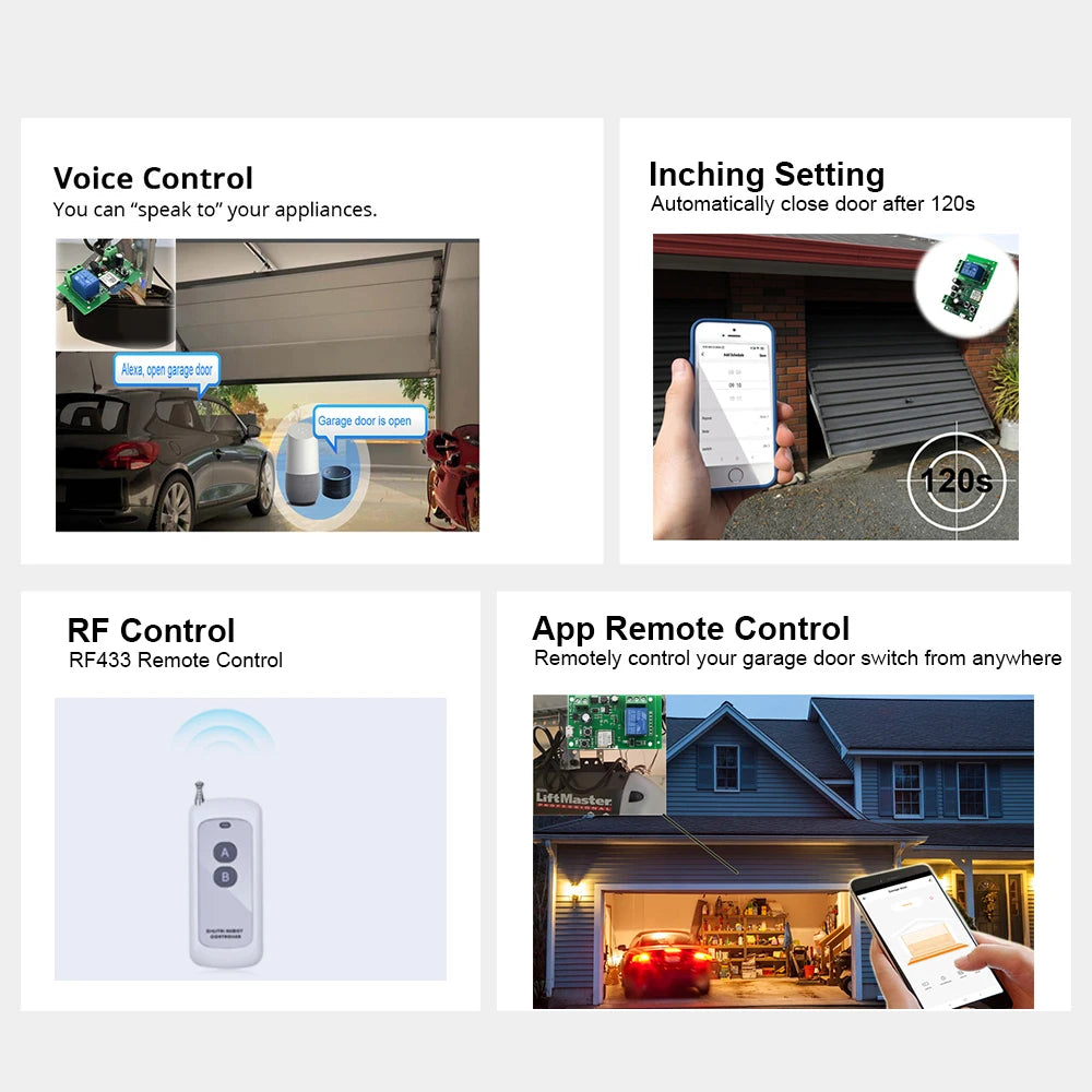 Tuya WIFI Smart Garage Gate Electric Door Access Motor Switch DC 12V 24V 32V AC 220V 1/2CH Pulse Relay Module RF433 Remote Alexa Beauty World Shop