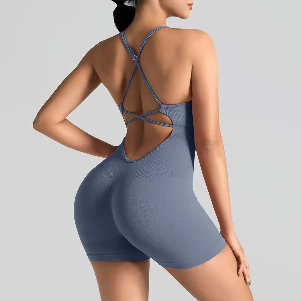 Women's Sexy Slim-Fit Yoga Shorts Jumpsuit Seamless Back Workout Bodysuit Breathable Quick-Dry Gym Running Pilates Fitness yoga Beauty World Shop