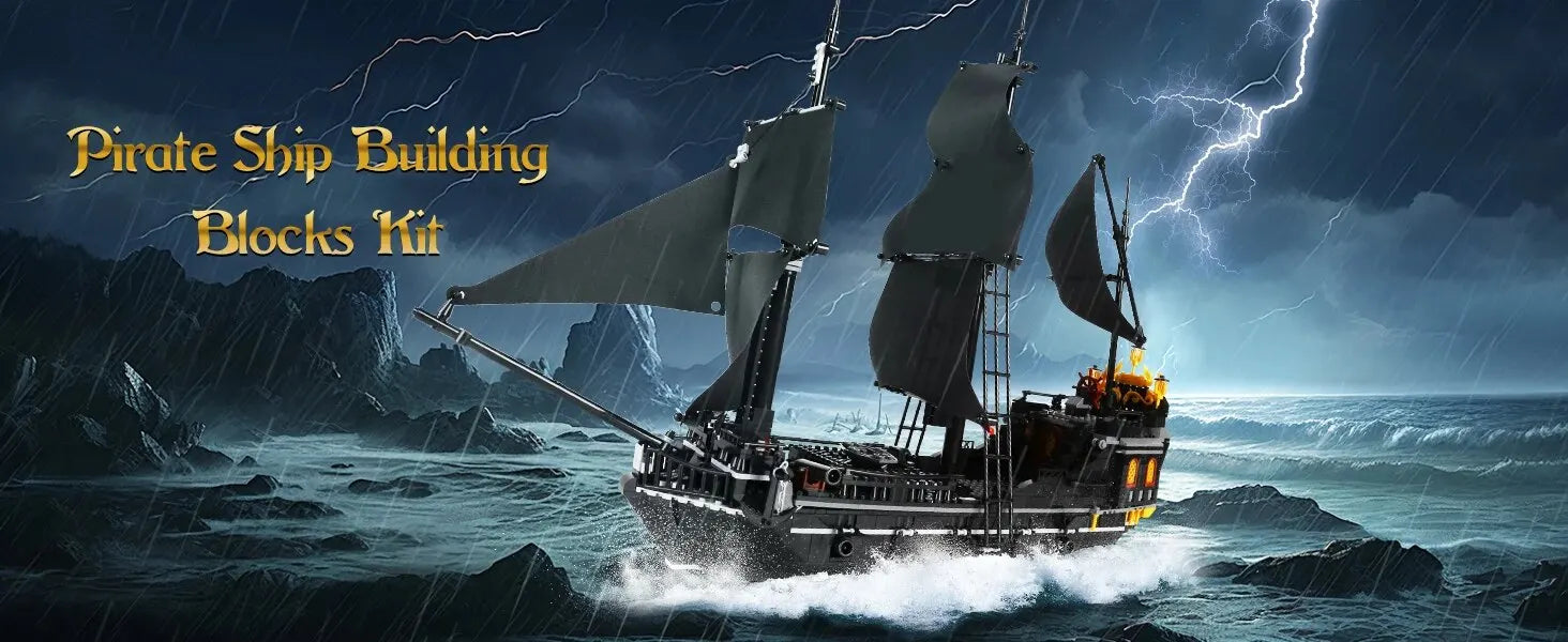1424PCS Black Pirate Ship Building Blocks Skeleton Ghost Boat Model Assembly Bricks Toys Desktop Decoration Kids Holiday Gifts Beauty World Shop