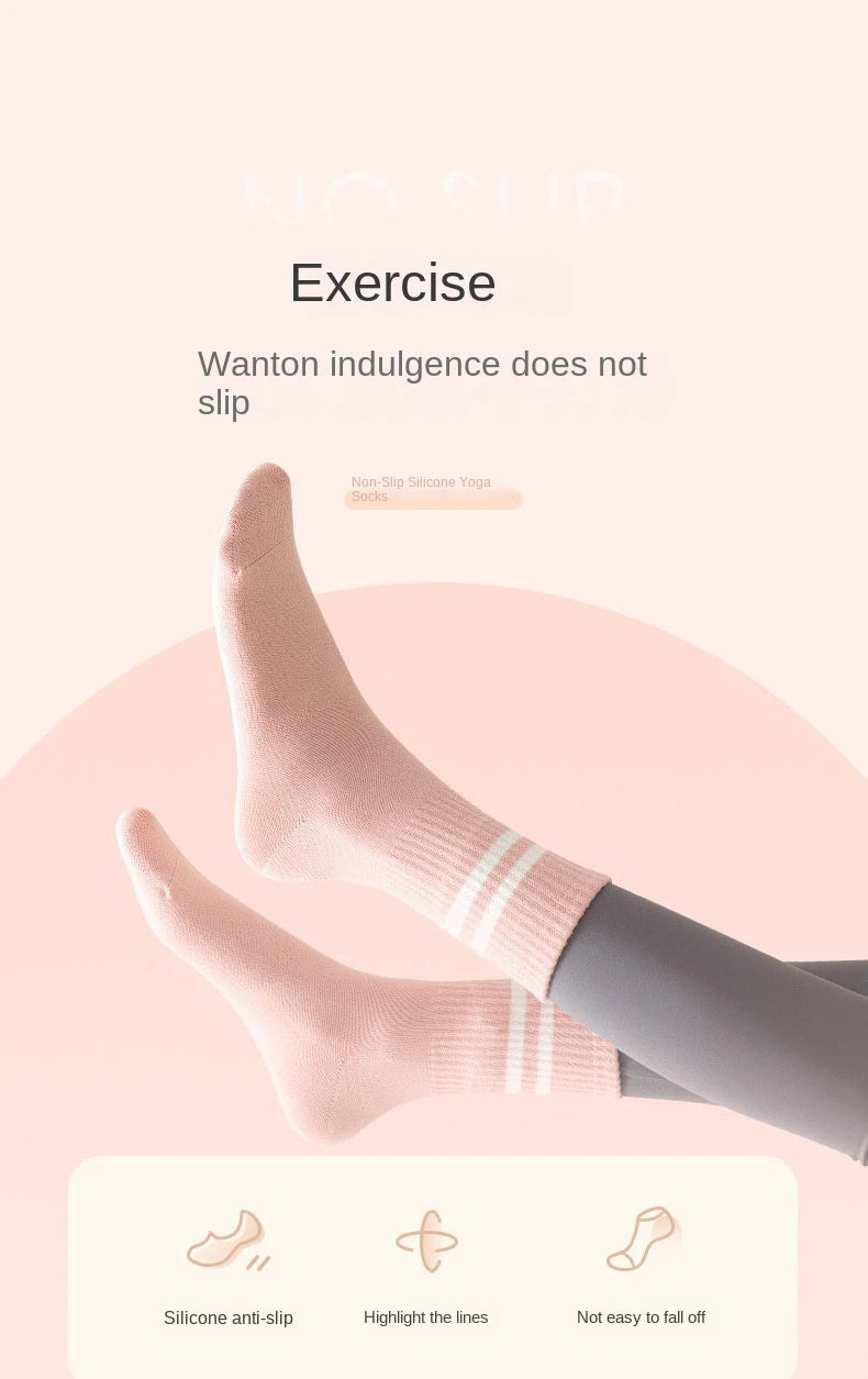 1 pair of women's yoga socks, skipping rope sports socks, Pilates indoor anti slip floor socks, double bar mid leg socks Beauty World Shop