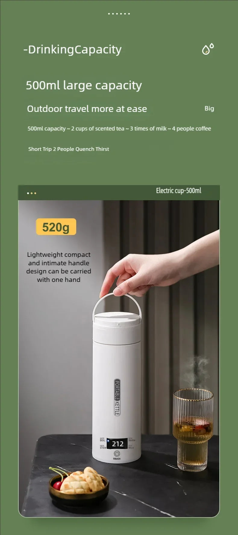 JFBONIN Electric Kettles Portable Tea Coffee Kettle Travel Boil Water Thermal Cup Anti-Scald Water Bottle English Menu Beauty World Shop