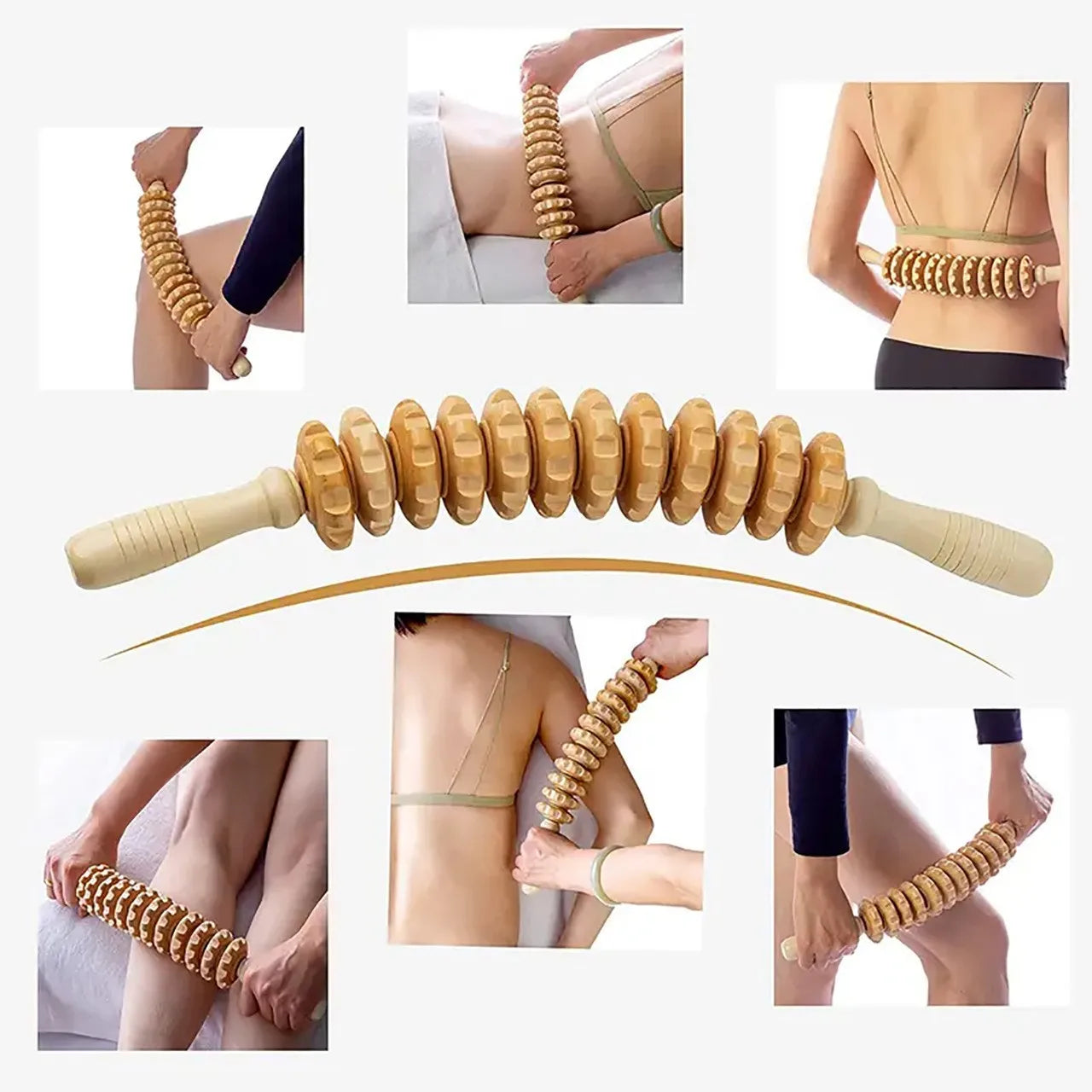 Body Fascia Massager Anti-slip Handle Wood Grooved Gear Arms Legs Thighs Buttocks Smooth Roller Massager for Back Relaxation Beauty World Shop