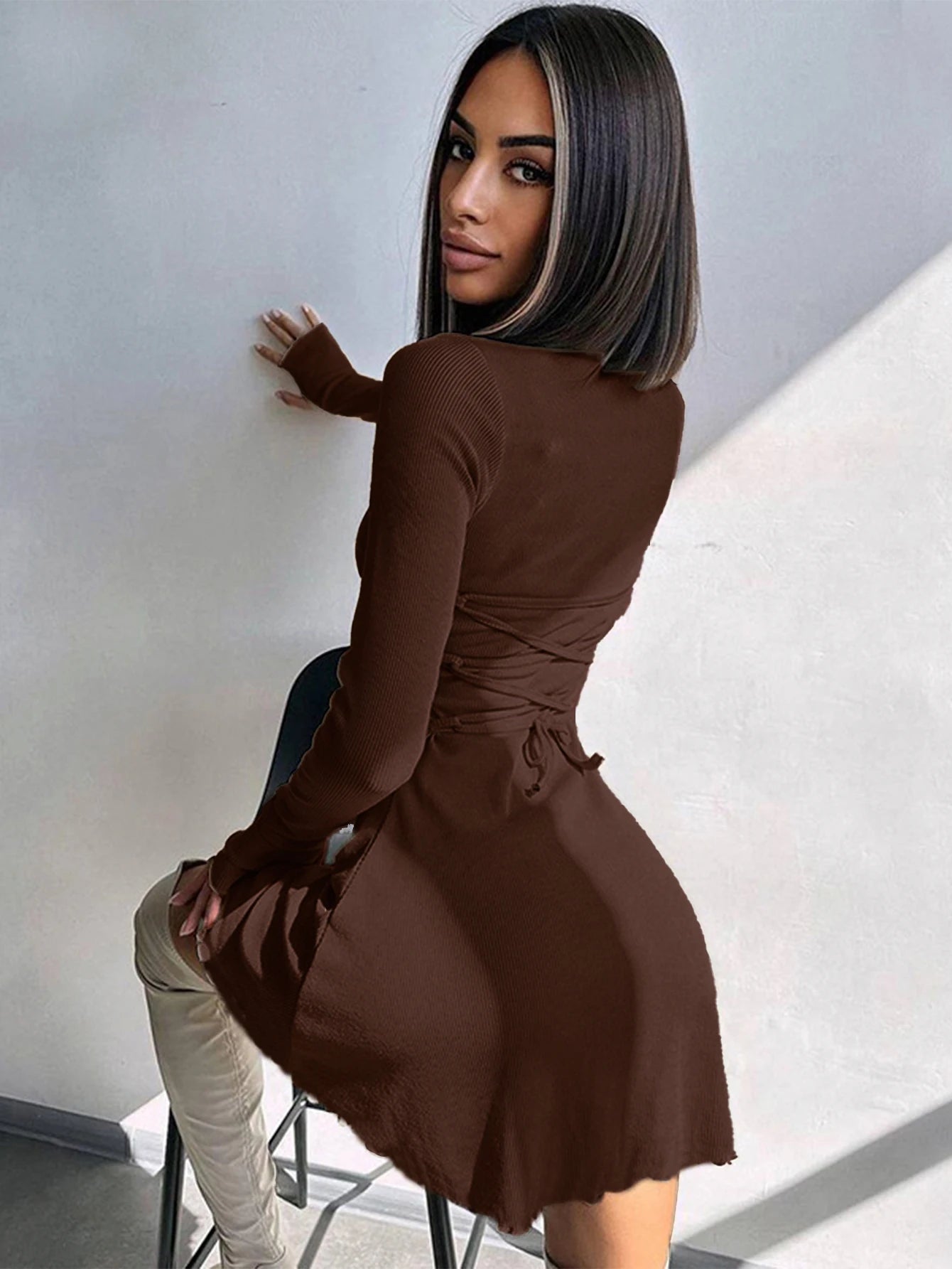 Women's Sexy Club Long Sleeve Mini Bodycon Dress Suitable For Nightclub, Family Party, Vacation, Leisure Beauty World Shop