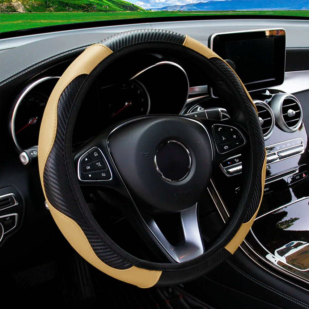 PU Carbon Fiber Leather Car Steering Wheel Cover without Inner Ring Suitable for 14.5-15 Inches of Automotive Supplies Beauty World Shop