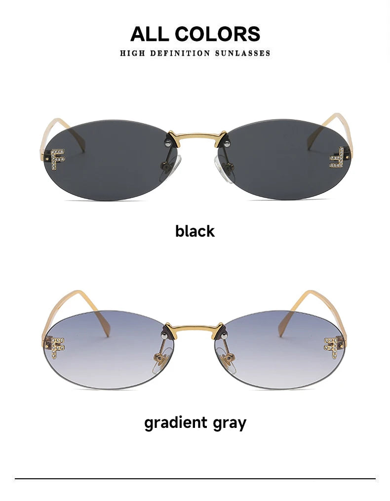 Fashion Rimless Sunglasses Women UV400 Oval Elegant Diamond F Sun Glasses Retro Eyewear Beauty World Shop