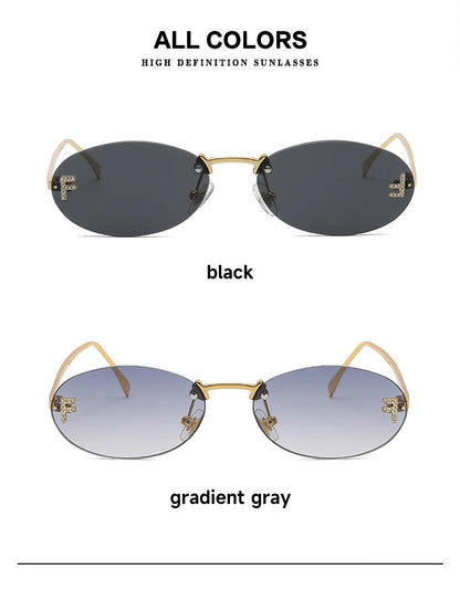 Fashion Rimless Sunglasses Women UV400 Oval Elegant Diamond F Sun Glasses Retro Eyewear Beauty World Shop
