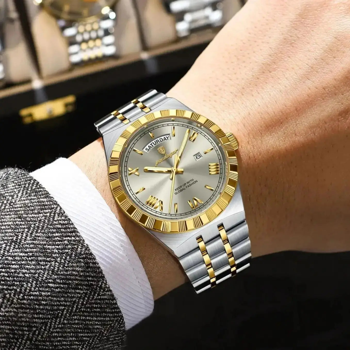 POEDAGAR Fashion Business Men's Watch Luminous Waterproof Week Date Luxury Man Wristwatch Stainless Steel Quartz Watches For Men Beauty World Shop