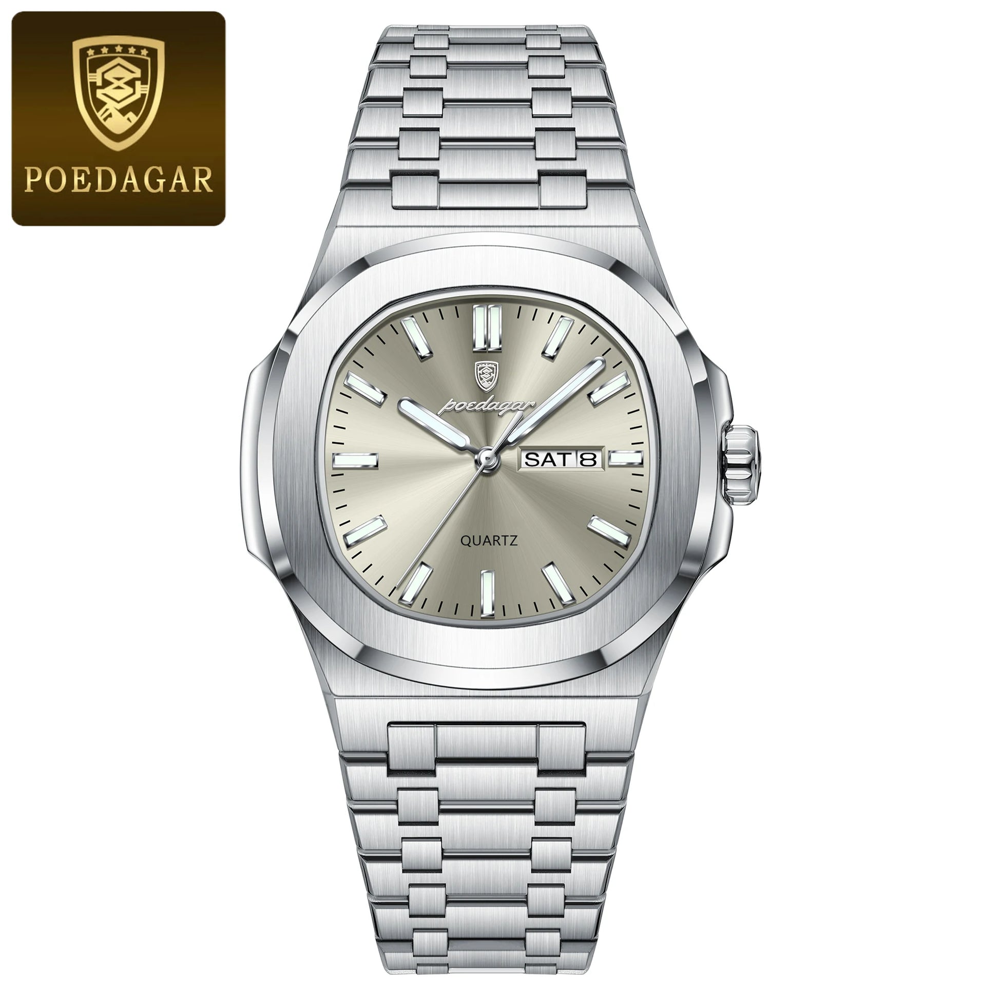 POEDAGAR Square Luxury Men's Wristwatch Luminous Waterproof Stainless Steel Male Clock Week Date Original Quartz Watches For Men Beauty World Shop
