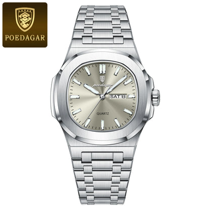 POEDAGAR Square Luxury Men's Wristwatch Luminous Waterproof Stainless Steel Male Clock Week Date Original Quartz Watches For Men Beauty World Shop