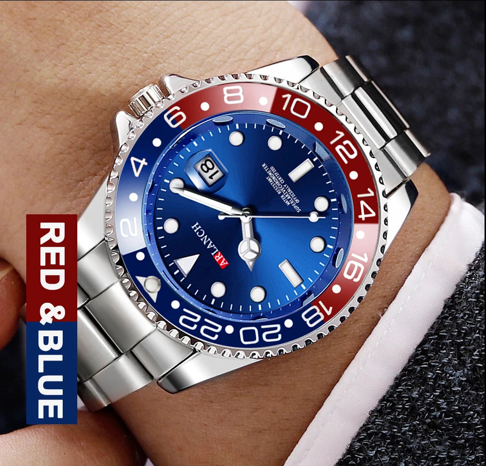 Business Stainless Steel Watch 40mm Classic Red Blue Circle Diving Series Magnifying Glass Calendar Quartz Watches montre homme Beauty World Shop