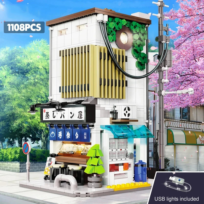 1108Pcs Japanese Steamed Bun House Architecture Building Blocks Creative Civy View Friends Shop Bricks Toys For Kids Gifts Beauty World Shop