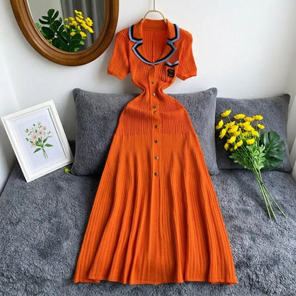 YuooMuoo Brand Fashion Vintage Turn-down Collar Knit Maxi Dress Elegant Single-breasted A-line Long Shirt Dress Lady Vestidos Beauty World Shop