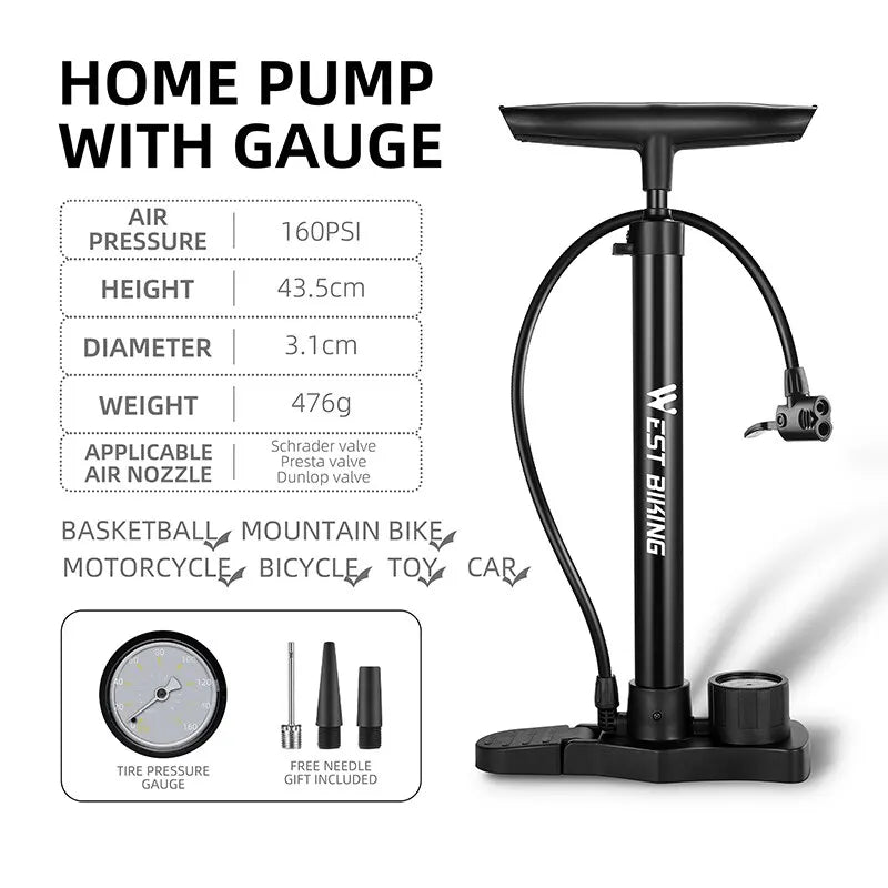 WEST BIKING Bicycle Pump 160PSI Portable Stainless Steel Bike Pump Schrader Presta Valve Inflator Mountain Road Bike Accessories Beauty World Shop