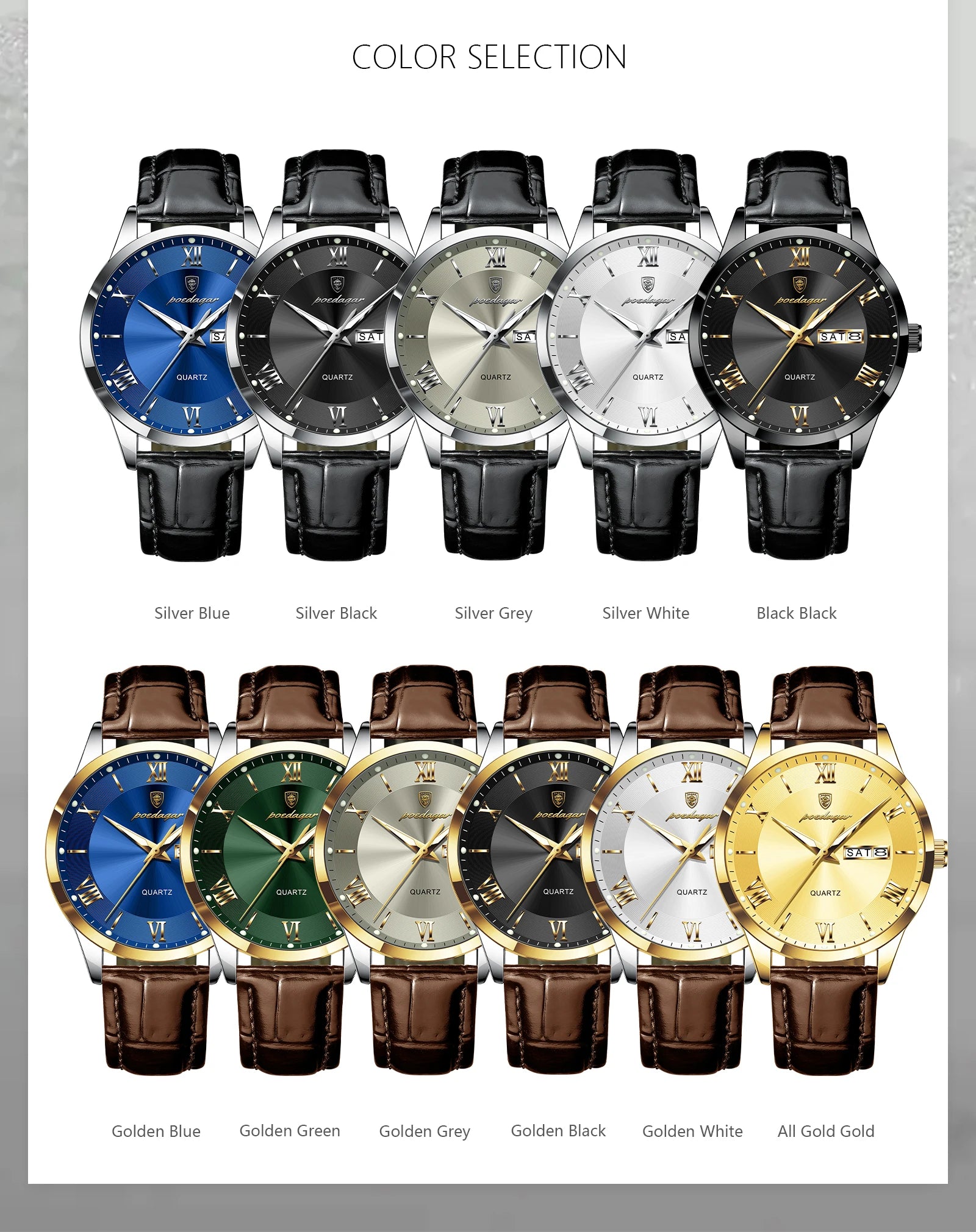 POEDAGAR Business Brand Men Clock Waterproof Luminous Date Week Fashion Man Wristwatch Leather Luxury Men's Quartz Watches Reloj Beauty World Shop