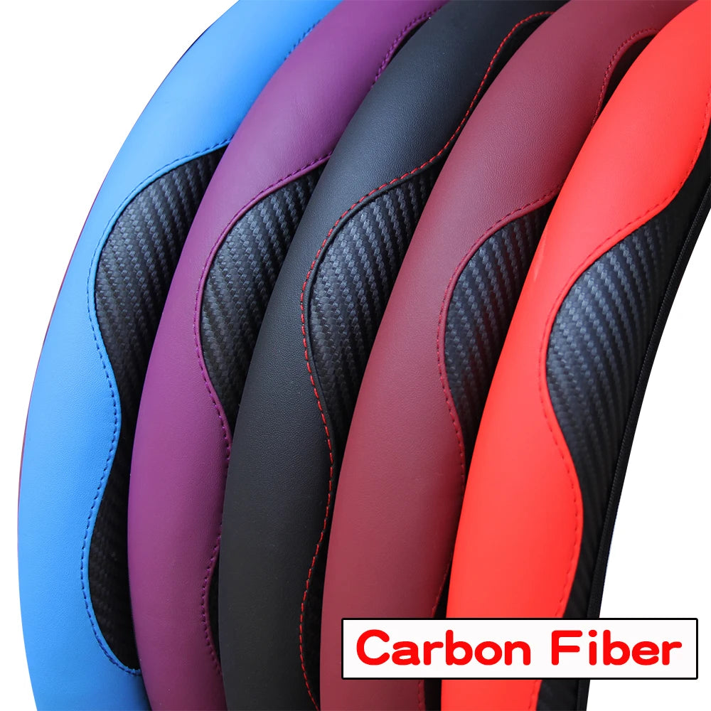 PU Carbon Fiber Leather Car Steering Wheel Cover without Inner Ring Suitable for 14.5-15 Inches of Automotive Supplies Beauty World Shop