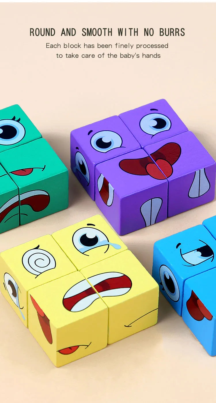Kids Emotions Expression Game Wooden Cube Face Changing Board Cartoon Puzzle Toy Montessori Thinking Challenge Games Beauty Fashion