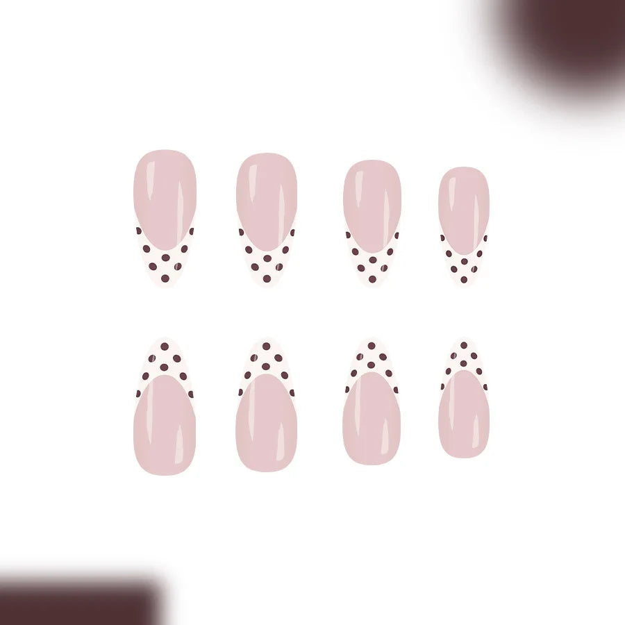 Sweet French Style Medium Almond Press On Nails 24pcs White with Brown Tips and Dots Beauty World Shop