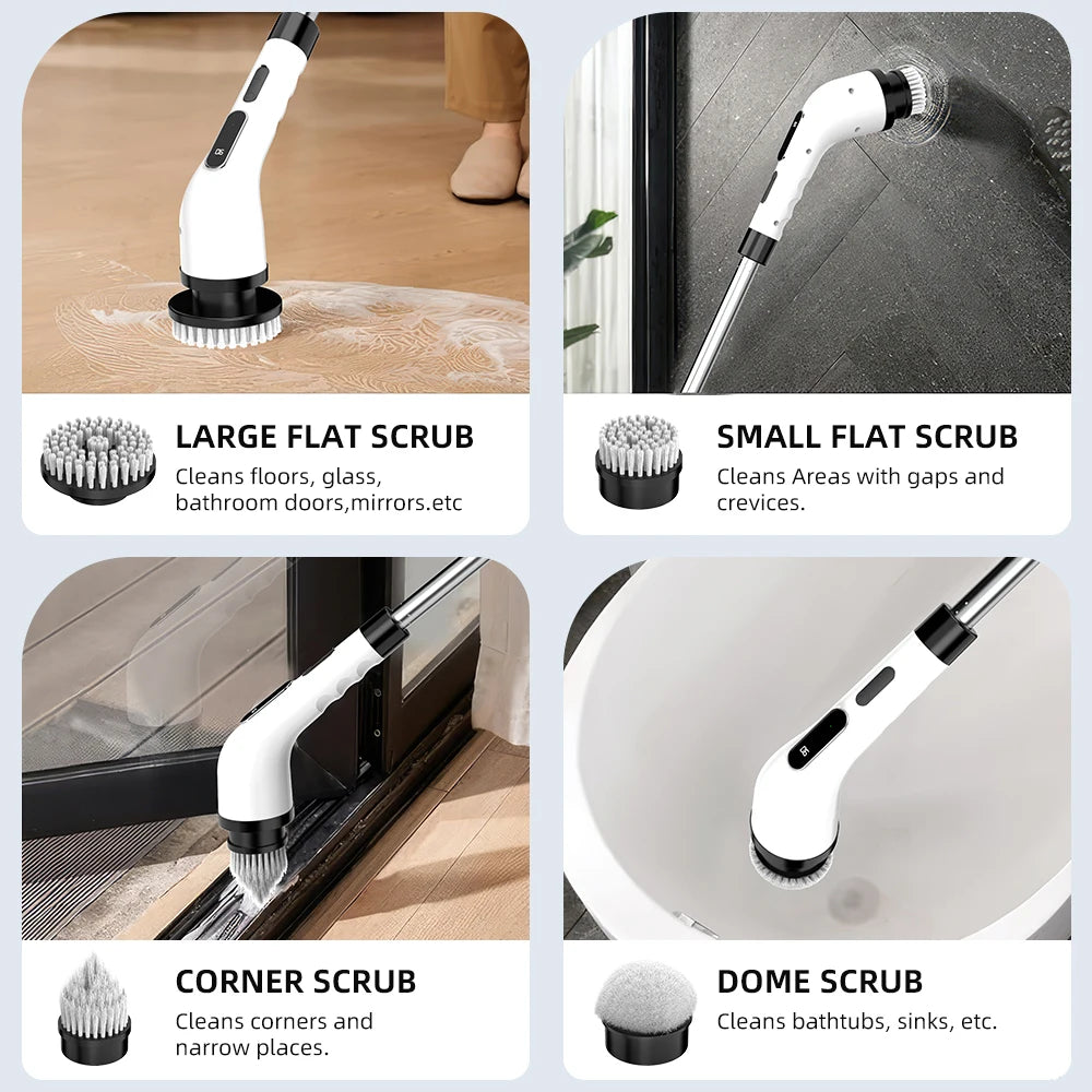 Electric Spin Scrubber, Electric scrubber with 8 Replaceable Brush Heads & Detachable Extension Handle, Power spin scrubber cord