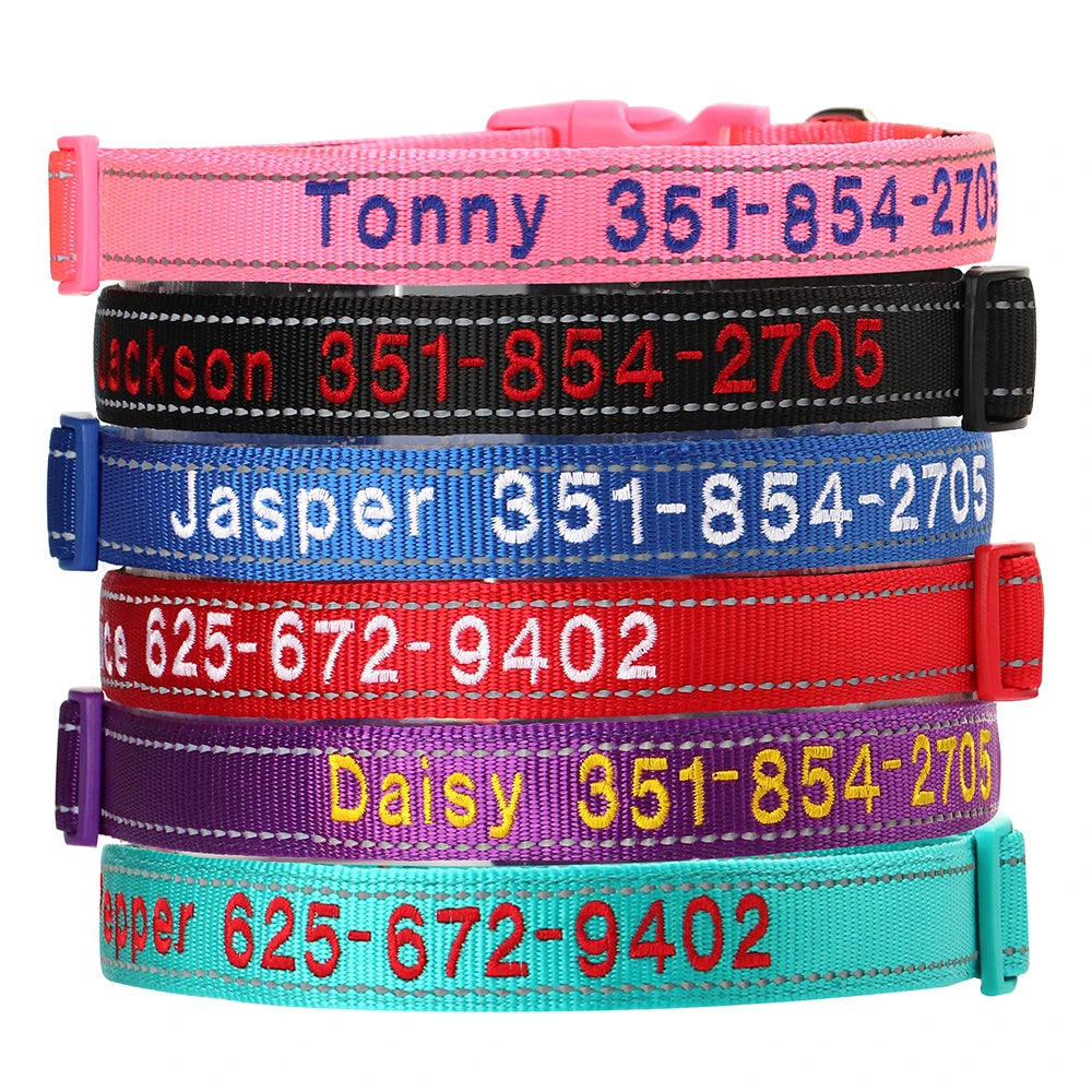 Embroidered Nylon Dog Collar Personalized Puppy Cat Collars Reflective Pet ID Collars DIY Phone Name ID For Small Large Dog Cat