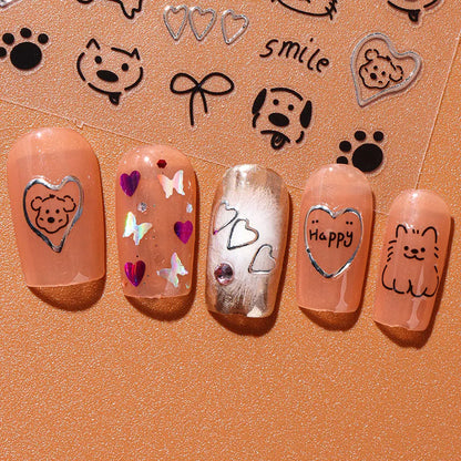 2pcs 3D Cute Silver Smile Dog Decals Y2K Cartoon Cat Footprint Nail Stickers Graffiti Star Heart Bowknot Manicure Slider Decor Beauty World Shop