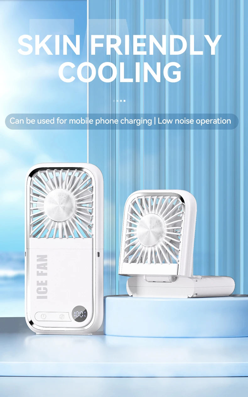 Folding Mini Cooling Air Fan Mobile Phone Holder Power Bank 3000mAh USB Rechargeable Cooling Handheld Desktop Fan with Lanyard