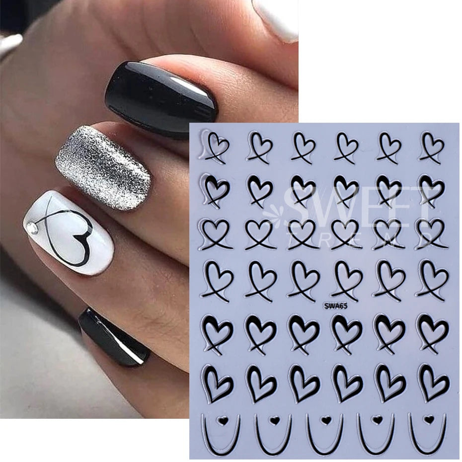 3pcs Valentine's Day Nail Art Stickers 3D Black White Pink Lines Love Heart Nail Decals DIY Adhesive Slider Manicure Decorations Beauty World Shop