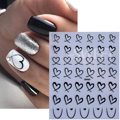 3pcs Valentine's Day Nail Art Stickers 3D Black White Pink Lines Love Heart Nail Decals DIY Adhesive Slider Manicure Decorations Beauty World Shop