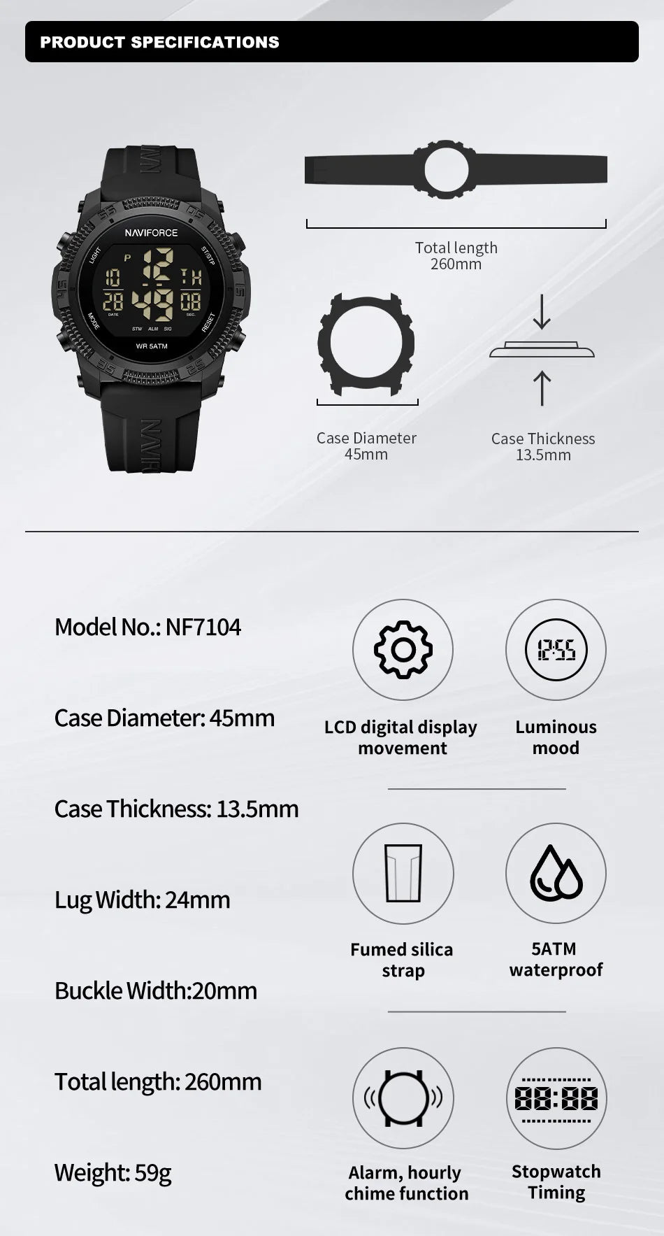 NAVIFORCE 7104 Sports Men's LCD Digital Leisure Date Week Alarm Clock Waterproof Silicone Strap Electronic Watch électronique Beauty World Shop