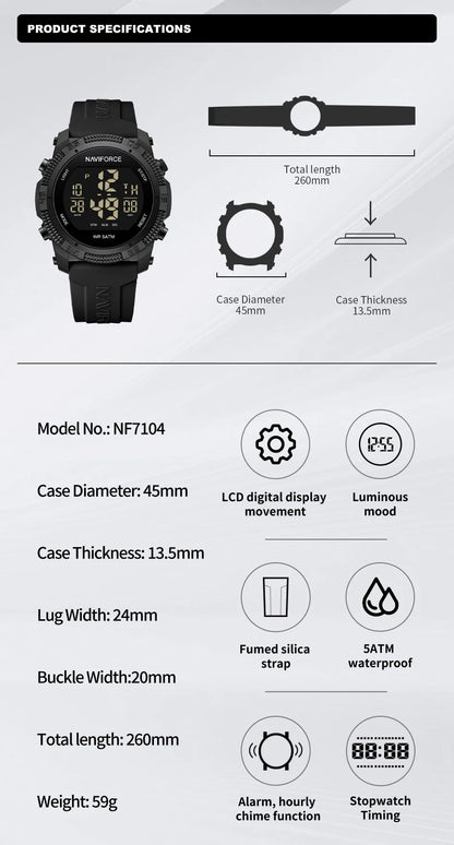 NAVIFORCE 7104 Sports Men's LCD Digital Leisure Date Week Alarm Clock Waterproof Silicone Strap Electronic Watch électronique Beauty World Shop