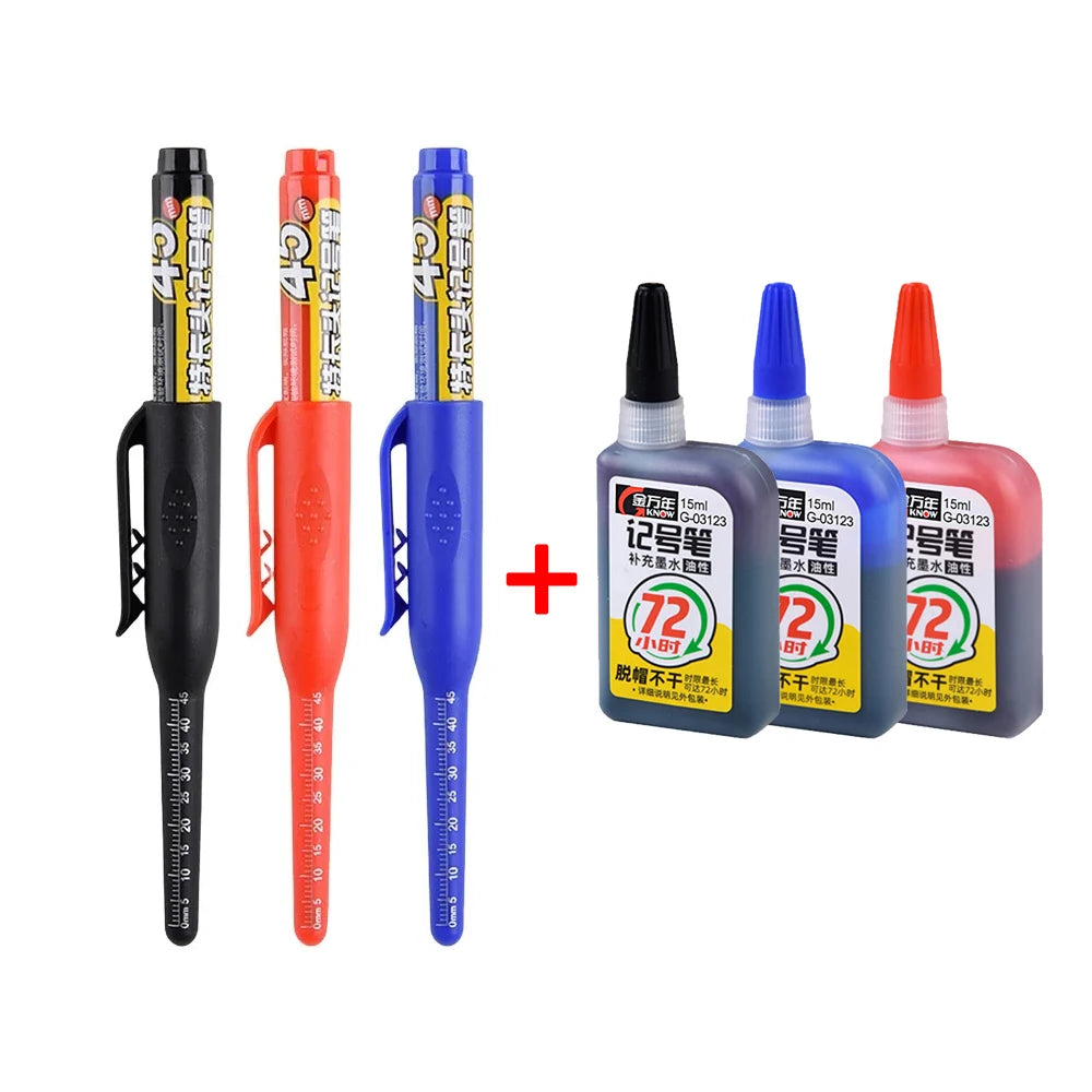 45mm Waterproof Deep Hole Marker Pens Long Nib Head Carpenter Pen Black/Blue/Red Ink for Multi-Purpose Woodworking Hand Tools Beauty World Shop