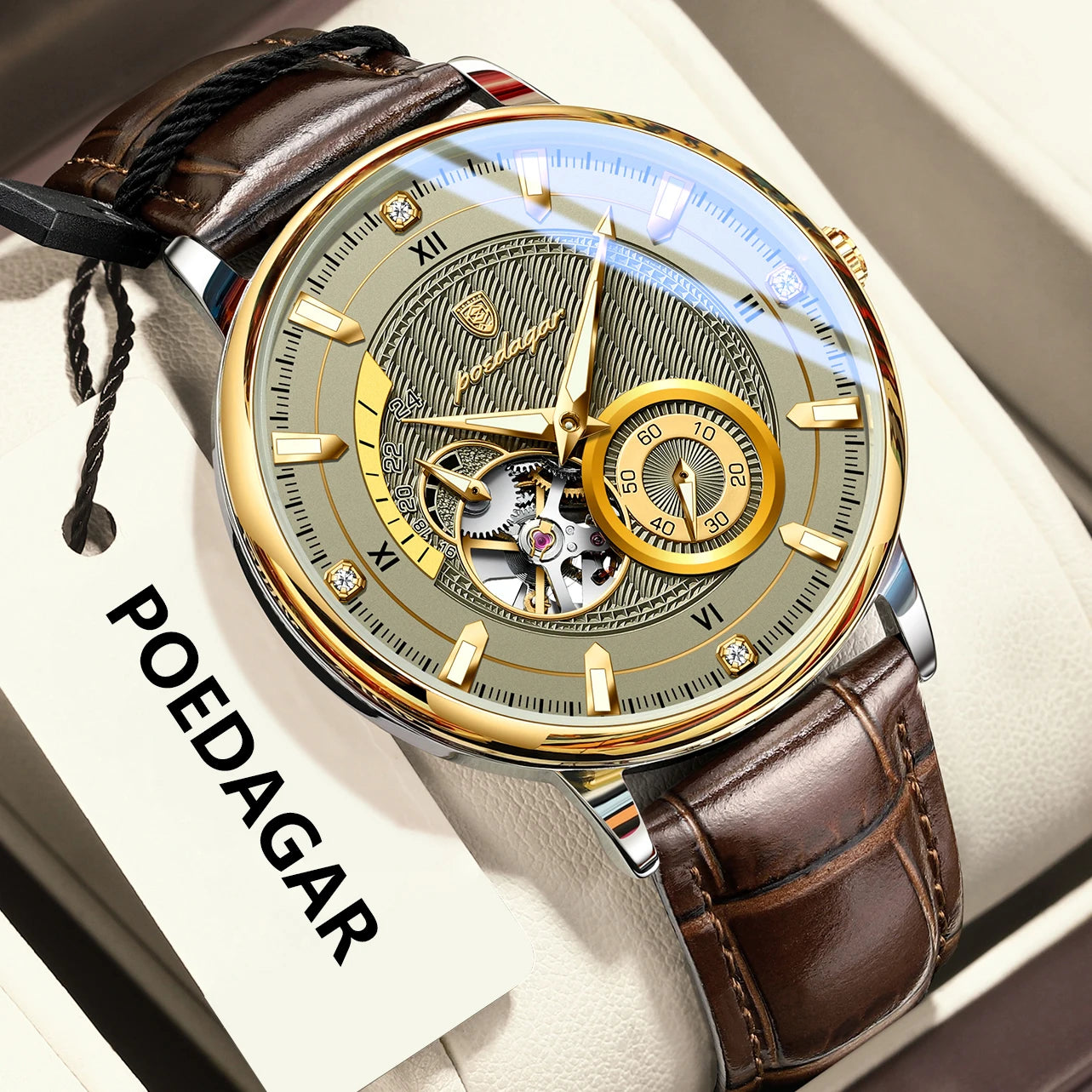 POEDAGAR Fashion Business Men Watch Waterproof Luminous Hollow Tourbillon Male Clock Automatic Mechanical Leather Men's Watches Beauty World Shop