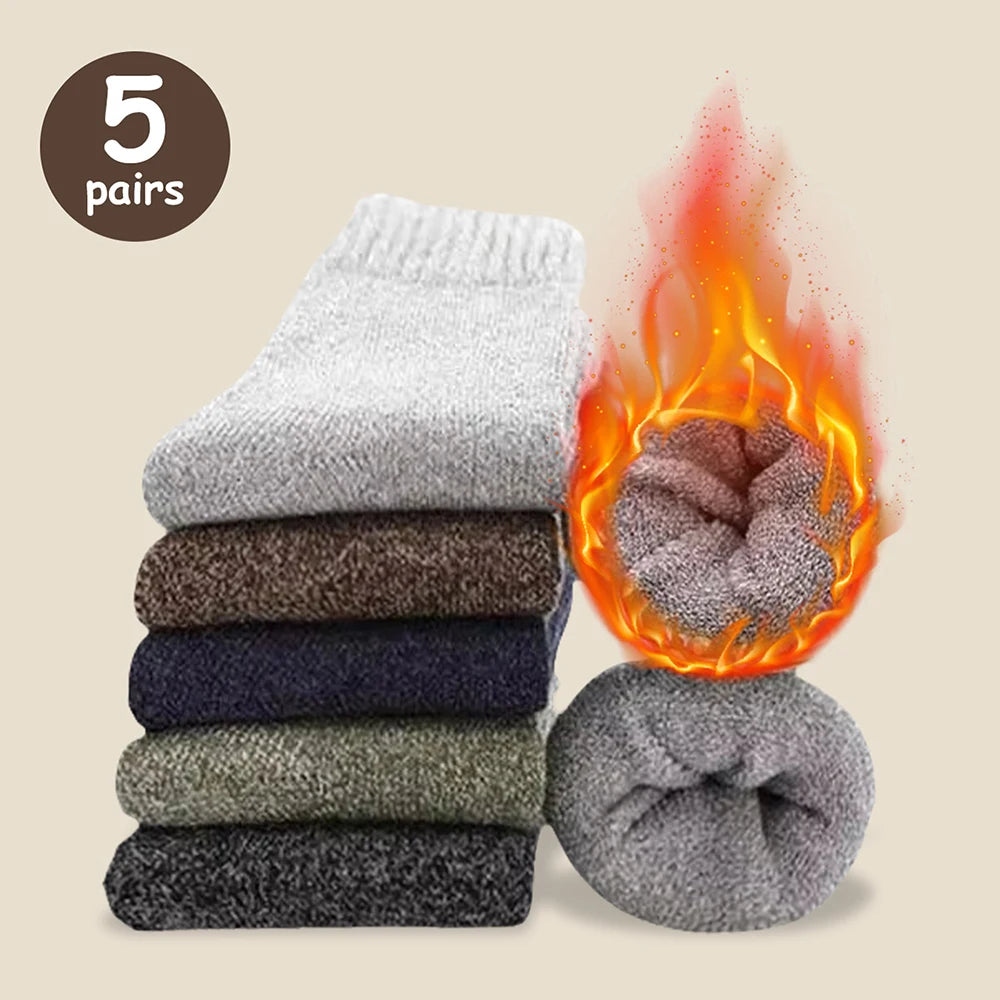 3/5 Pairs Men's Winter Warm Socks, Thick Towel Mid-Calf Socks, Anti-Cold Snow Boots Socks Elastic Solid Color Beauty World Shop