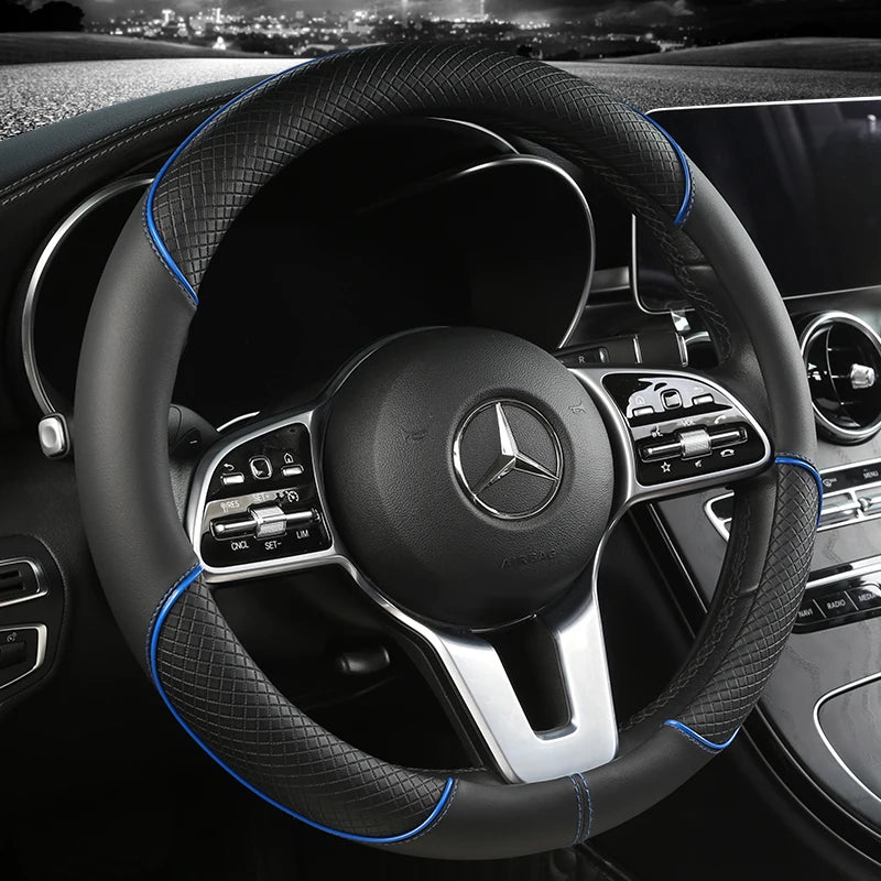 All Seasons Leather Diamond Steering Wheel Cover Universal Fit for 14 .5-15 Inch Durable Leather Cover Anti-Slip Veins Design Beauty World Shop