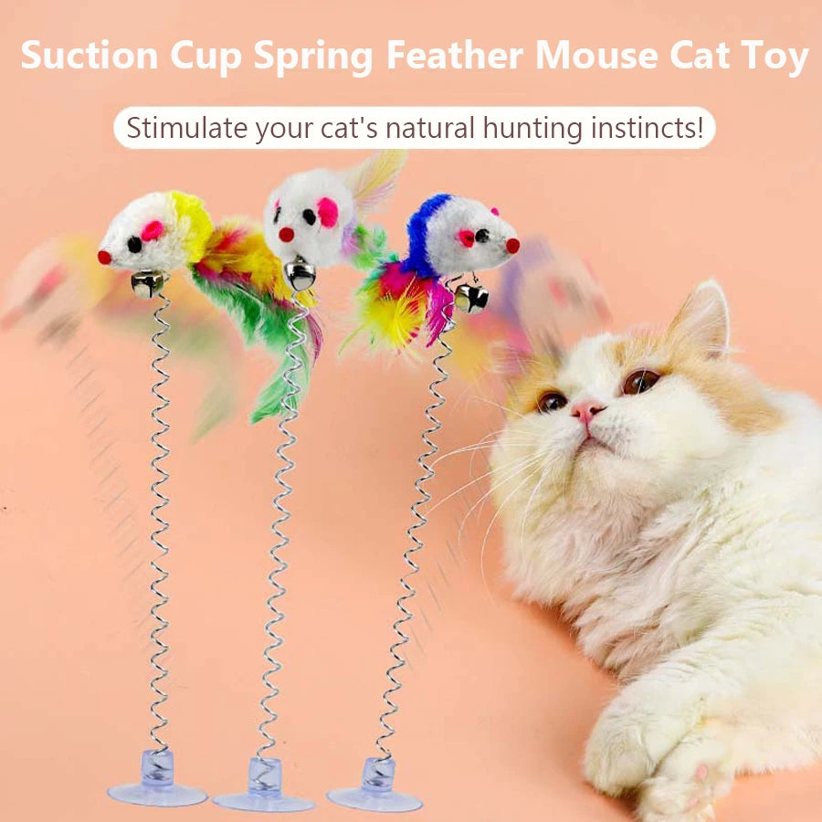 Swinging Mouse Toy - Suction Cup, Spring, and Feather Mouse Toy with Bell Sound, Interactive Cat Toy Beauty World Shop