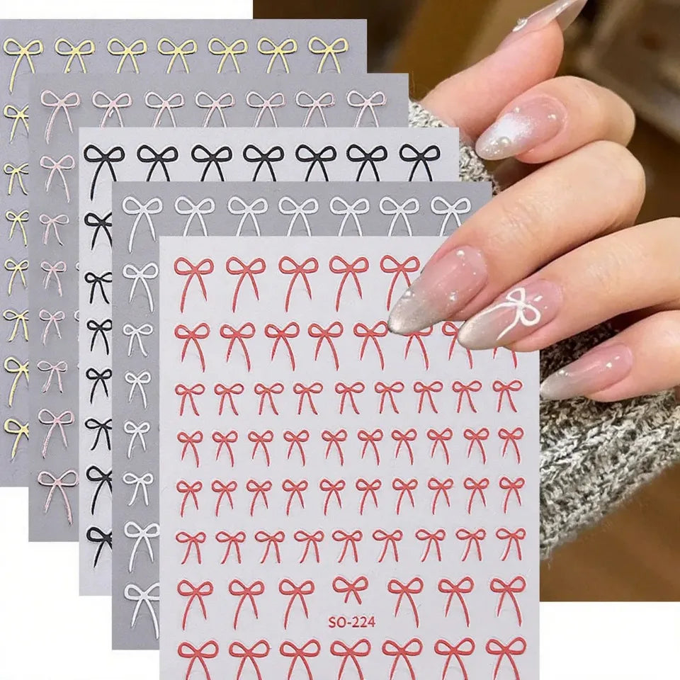 8pcs Mixed Color Bow Nail Art Stickers 3D Cute Red Black Pink Bowknot Nail Charms Foils Gold Laser Effect Bow Manicure Decor Beauty World Shop