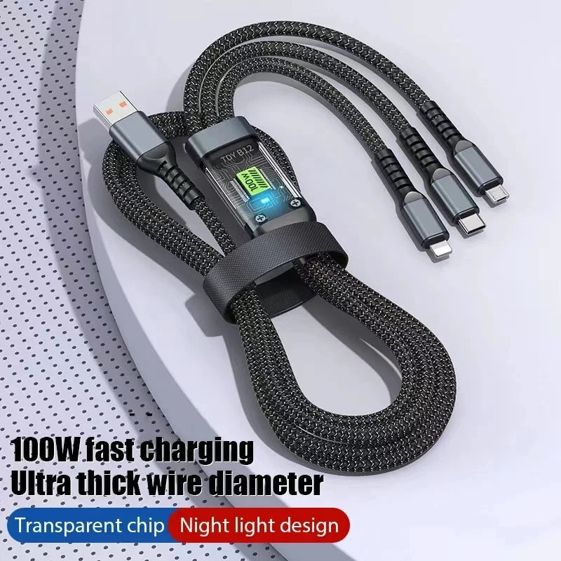 3 In 1 100w Transparent Fast Charging Cable Type C Usb Micro For Huawei OPPO Vivo Samsung Xiaomi Pilot Lamp Charger Usb C 6A Beauty World Shop