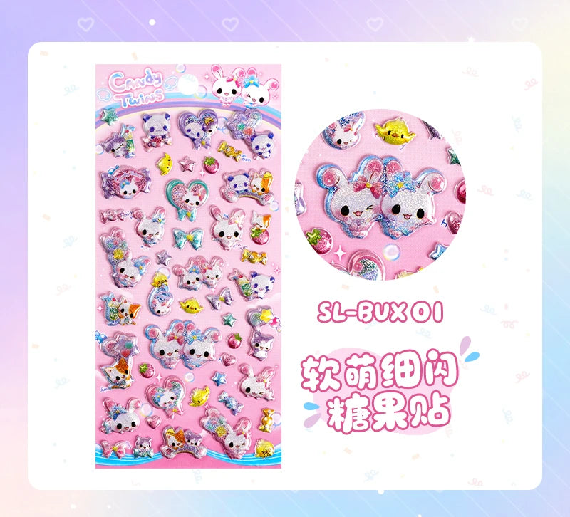 3 pcs/6 pcs Sweet Candy Pets Cat Coffee Cakes Flash Puffy 3D Stickers Scrapbooking Diy Diary Stationery Stickers School Supplies Beauty World Shop