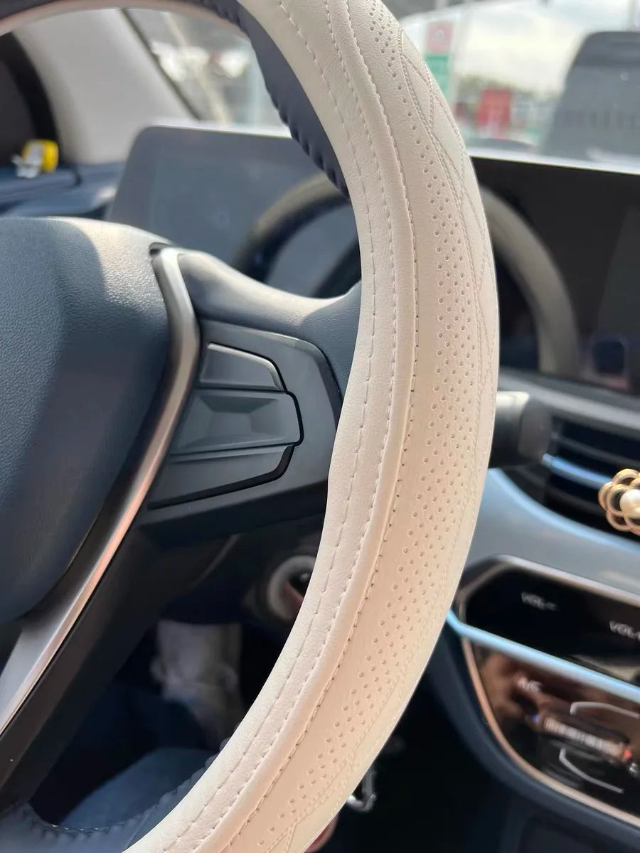 Napa Leather Perforated Patchwork Car Steering Wheel Cover, Non-slip, Breathable, Universal 15 Inch (Approx. 38cm) Beauty World Shop