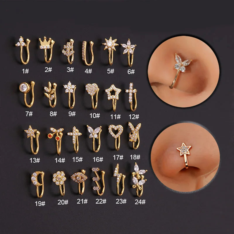 Fake Piercing Clip Nose Ring Cuff Body Jewelry for Women New Trend 1PCS Ear Cuffs Heart Star Flowers Butterfly Clip Rings KAE197 Beauty World Shop