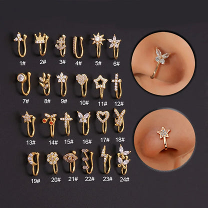 Fake Piercing Clip Nose Ring Cuff Body Jewelry for Women New Trend 1PCS Ear Cuffs Heart Star Flowers Butterfly Clip Rings KAE197 Beauty World Shop