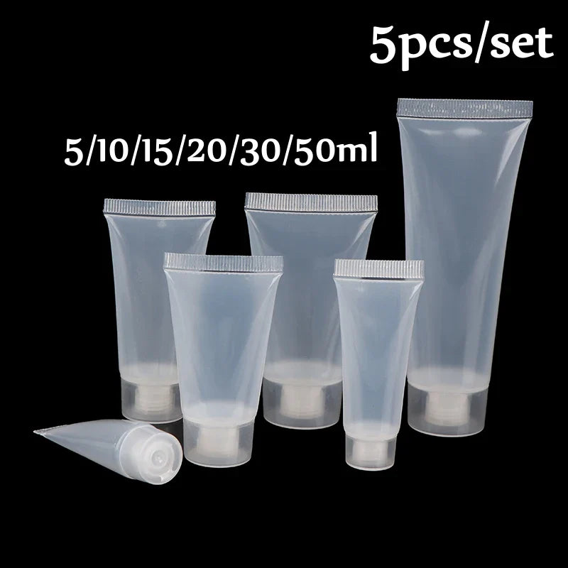 5pcs Squeeze Lotion Container Refillable Bottle Travel Pack Empty Matte Clear Tube Cosmetic Cream Lotion Shampoo Bath Beauty Trend Shop