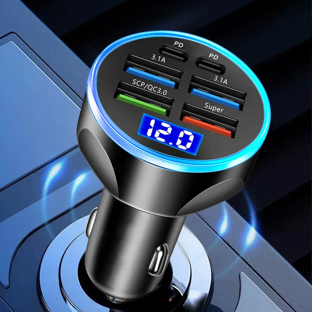 66-250W PD Car Charger QC3.0 Fast Charge One to Six Car Cigarette Lighter Plug Car Charger Flash Charge with Digital Display Beauty World Shop