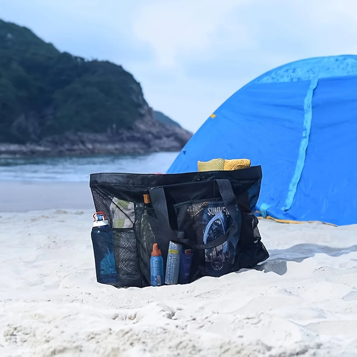 1pc Extra Large Mesh Beach Bag, Breathable Mesh Tote With Zipper & Side Pockets, Portable Large Capacity Finishing Organizer Bag Beauty World Shop