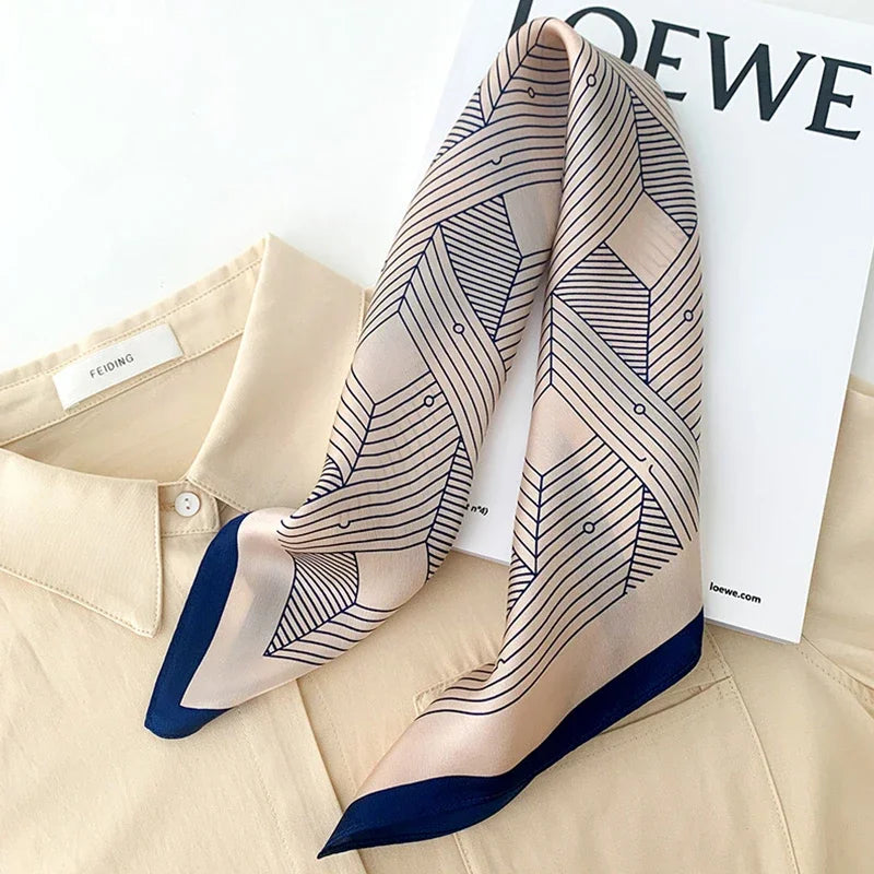 68cm Striped Geometric Pattern Silk Scarf for Women Imitation Silk Fresh and Versatile Headwear Clothing Square Scarf Beauty World Shop